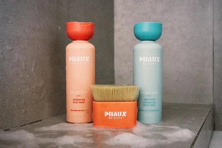 Phaux products, bottles and brush